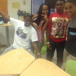 At Green Run Collegiate, here are the winners of the marshmallow tower challenge in English 10. This was a team building exercise to increase communication. Pictured here are Antonio White, Diasia Manns, Demetirus Sherrod and Antonio Perez.